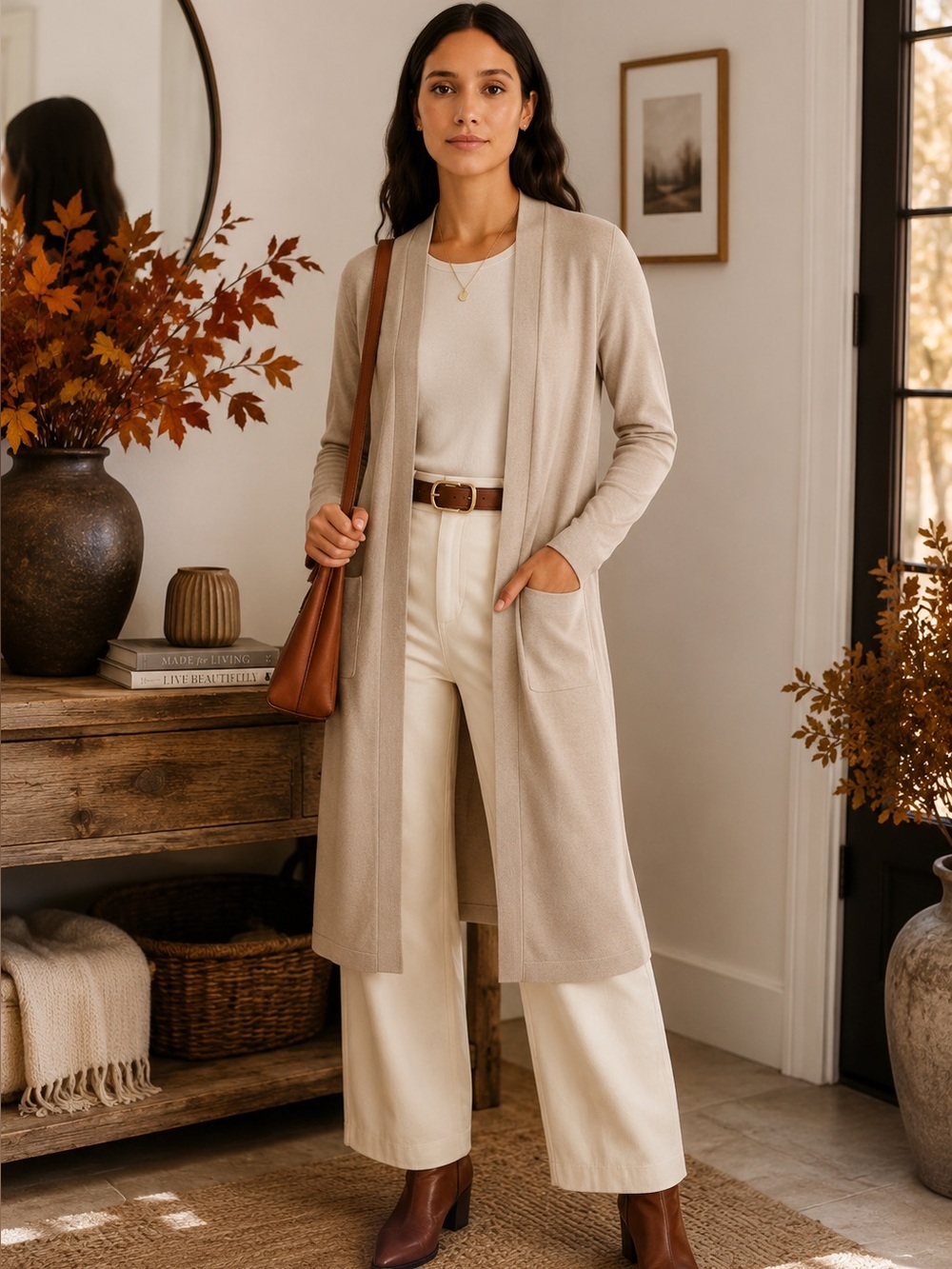 Joan Vass Long Open-Front Cardigan in Beige